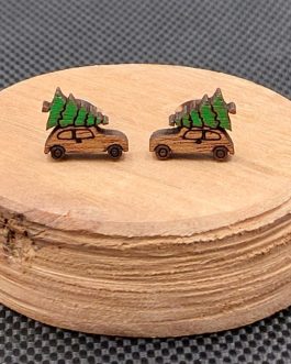 Kolczyki drewniane ŚWIĄTECZNE AUTO Z CHOINKĄ